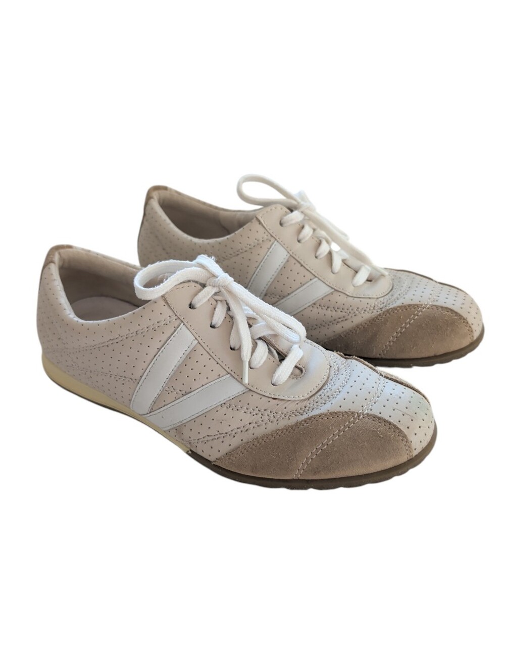 Vintage Ecco Perforated Suede & Leather Lace Up Sneakers EU 40  Beige Cream